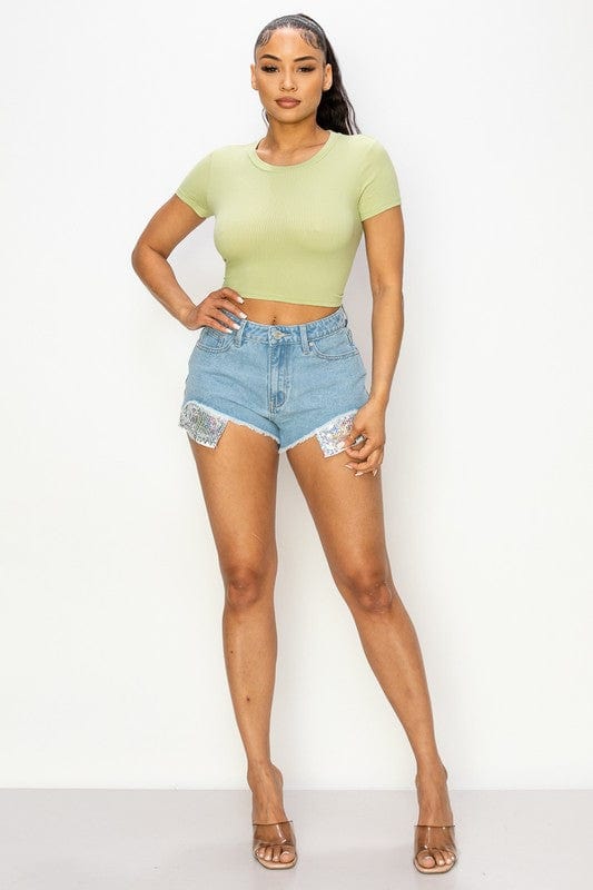 Shop Iris Basic Denim Shorts Glitter Shorts
