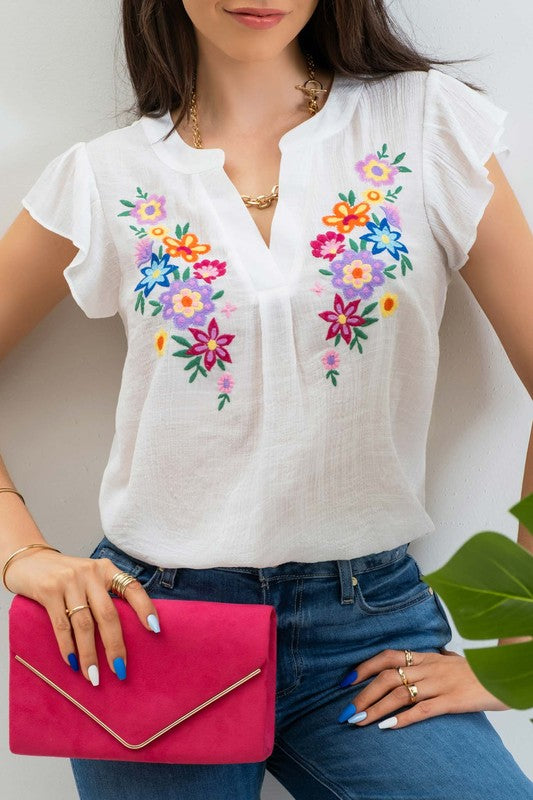 Floral Embroidery V-neck