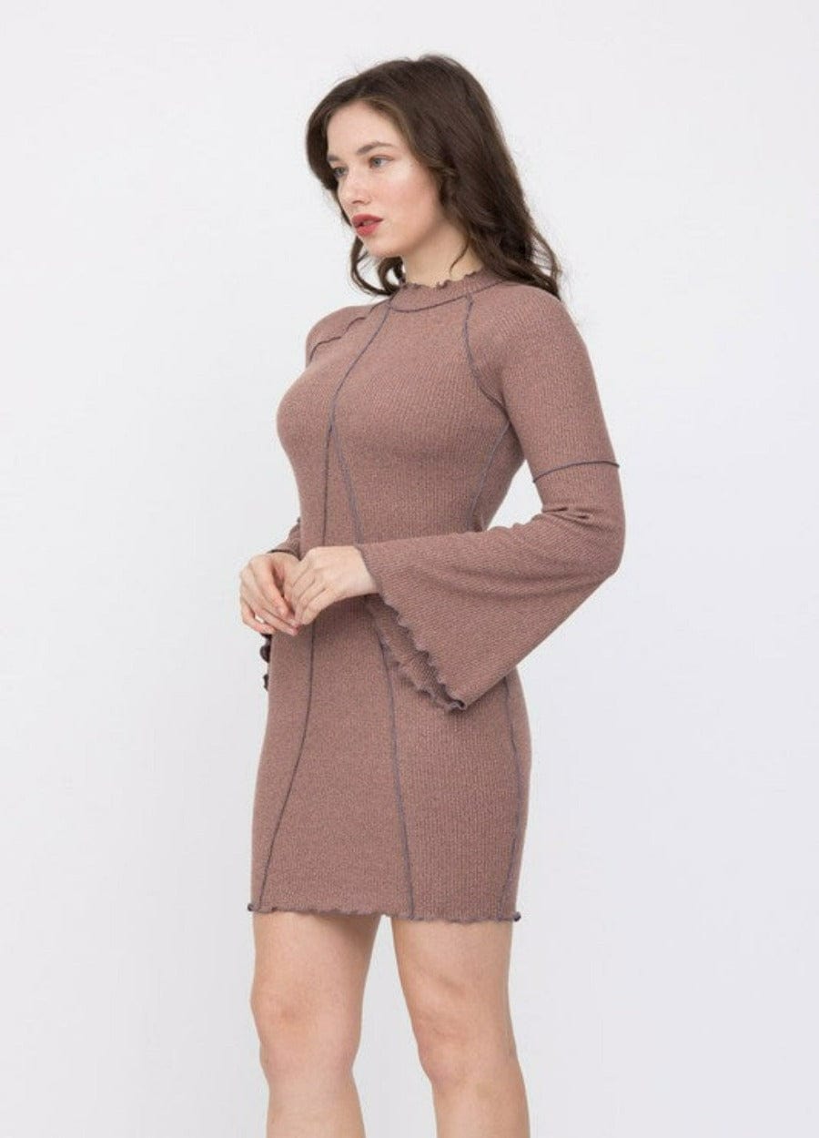 Agrade Dresses Fitted Peasant Sleeve Dress-Mocha Color