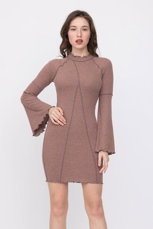 Agrade Dresses Fitted Peasant Sleeve Dress-Mocha Color